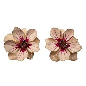 Pink Enamel Flower Blush Glass Gem Gold Tone Dimensional Feminine 2" Earrings